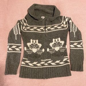 Kismet wool zip up with wheat on sleeves and owls (?) on torso